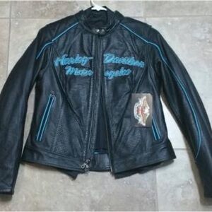 NWT Harley-Davidson Women's Black Leather Jacket with Blue Accents